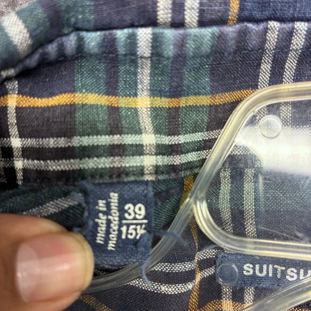 SuitSupply Albiate Milano Men Plaid Button Down Shirt Navy Green 15.5 39‎ SMALL